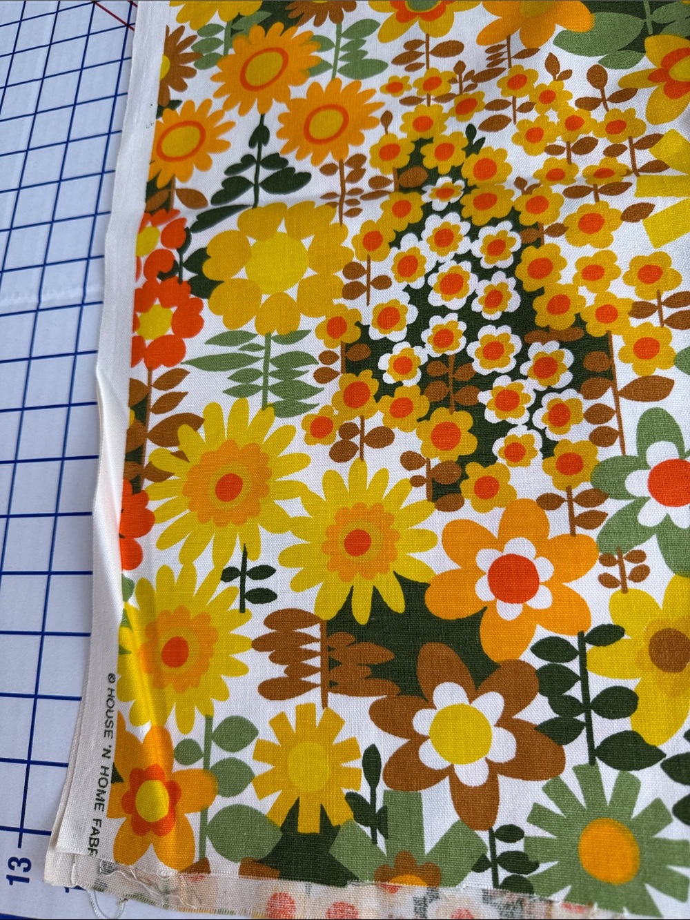 Vintage 1970s House ’N Home Floral Screen Print Fabric 1 Yard MCM Orange Yellow - Picture 3 of 11